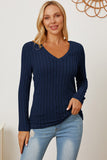 Basic Bae Full Size Ribbed V-Neck Long Sleeve T-Shirt - Fragrance Spice