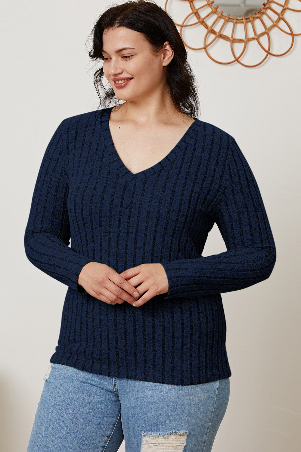 Basic Bae Full Size Ribbed V-Neck Long Sleeve T-Shirt - Fragrance Spice