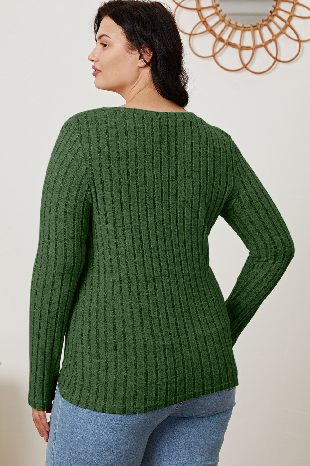 Basic Bae Full Size Ribbed V-Neck Long Sleeve T-Shirt - Fragrance Spice