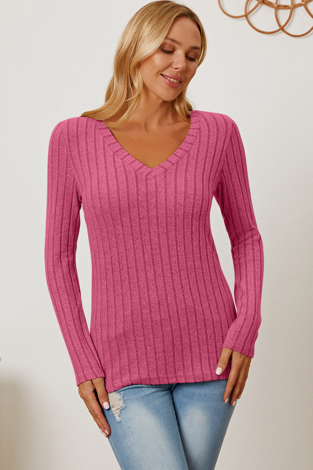 Basic Bae Full Size Ribbed V-Neck Long Sleeve T-Shirt - Fragrance Spice