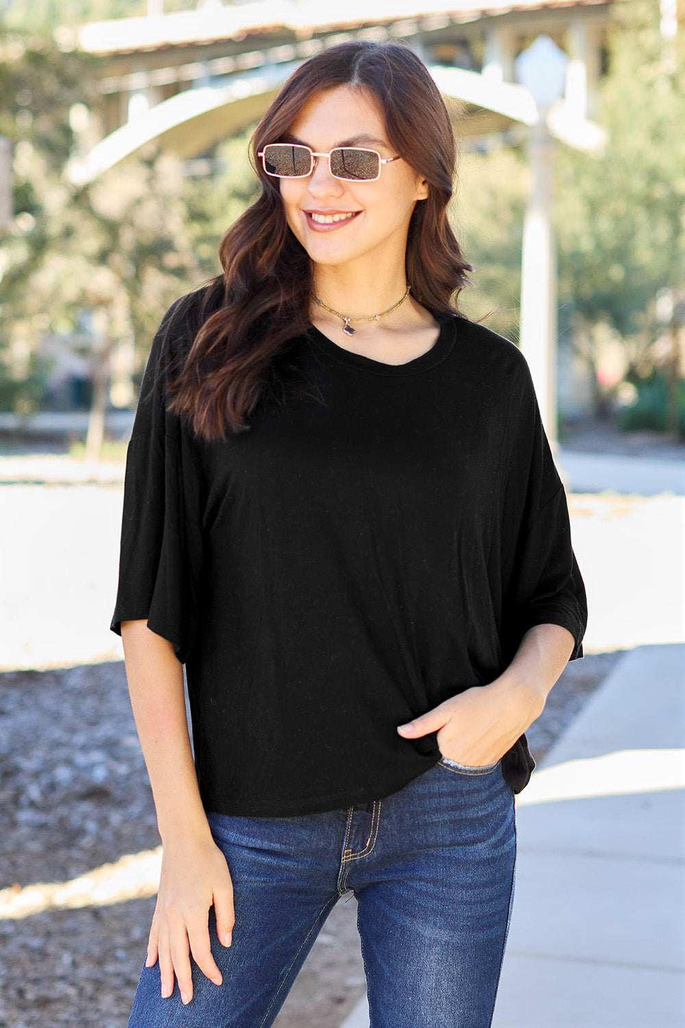 Basic Bae Full Size Round Neck Drop Shoulder T-Shirt - Fragrance Spice