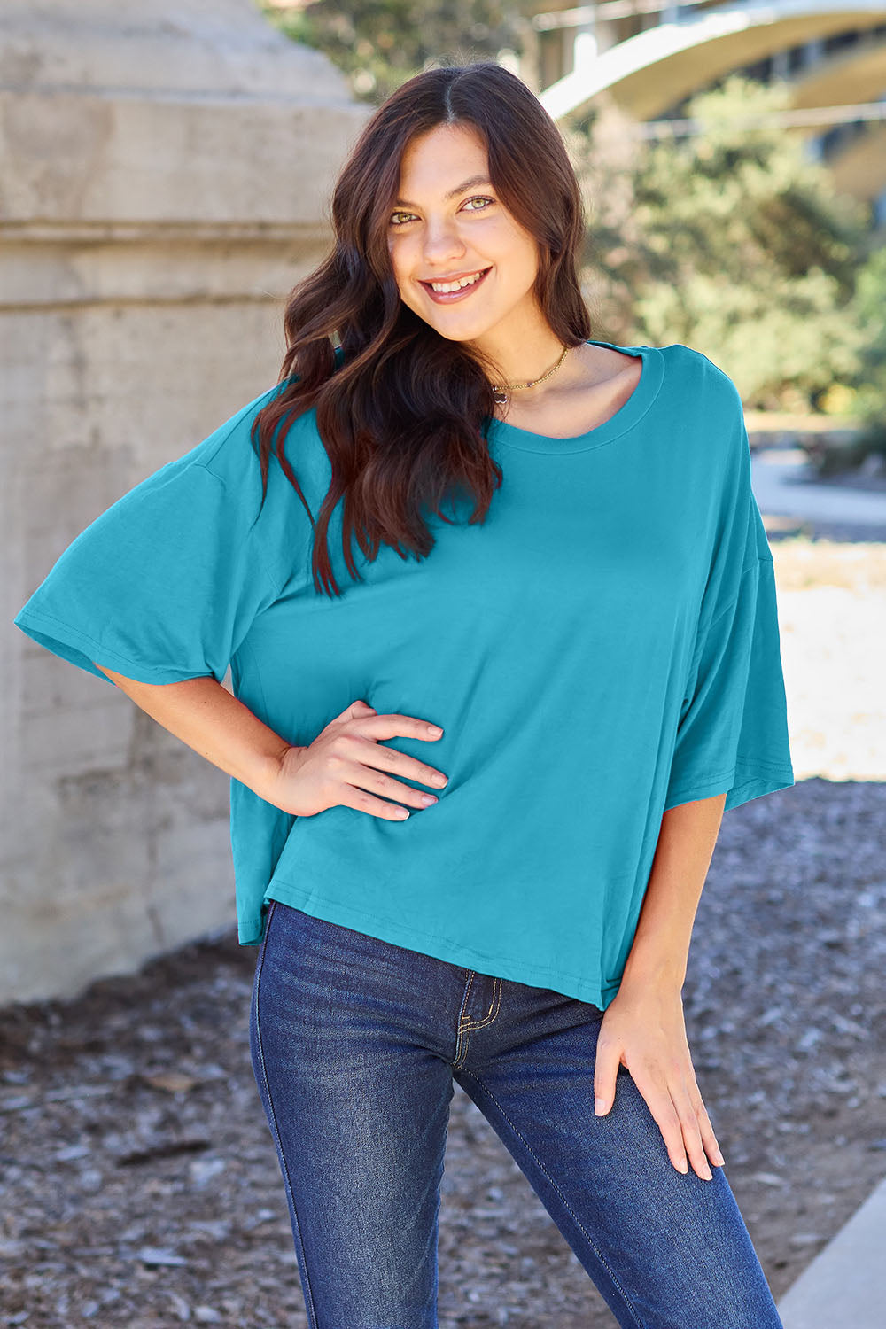 Basic Bae Full Size Round Neck Drop Shoulder T-Shirt - Fragrance Spice