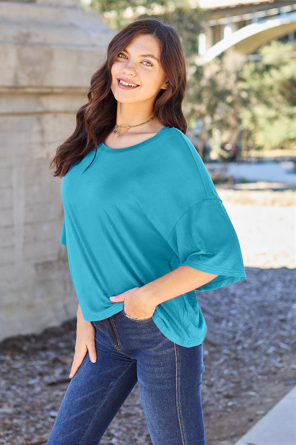 Basic Bae Full Size Round Neck Drop Shoulder T-Shirt - Fragrance Spice