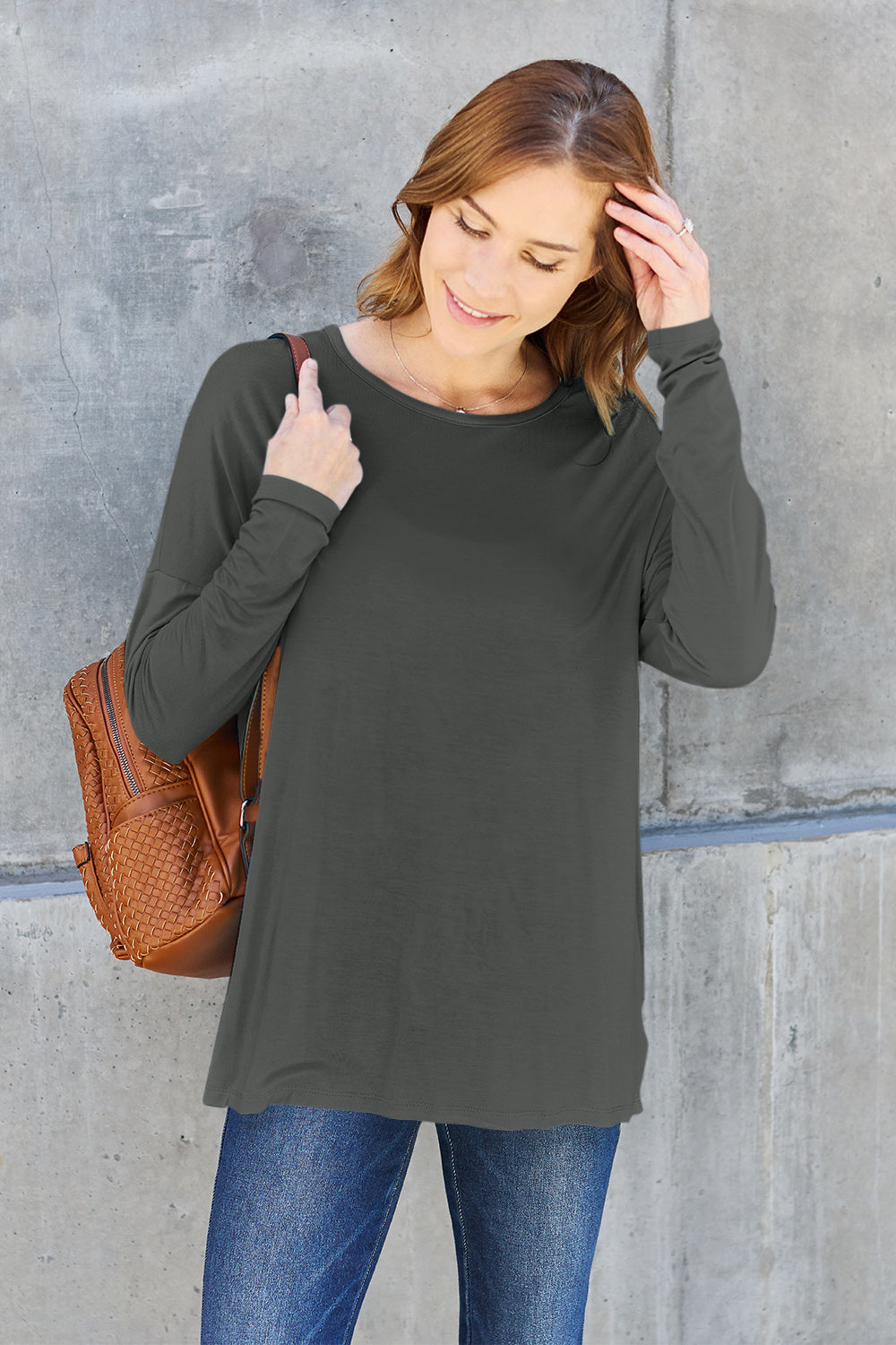 Basic Bae Full Size Round Neck Dropped Shoulder T-Shirt - Fragrance Spice
