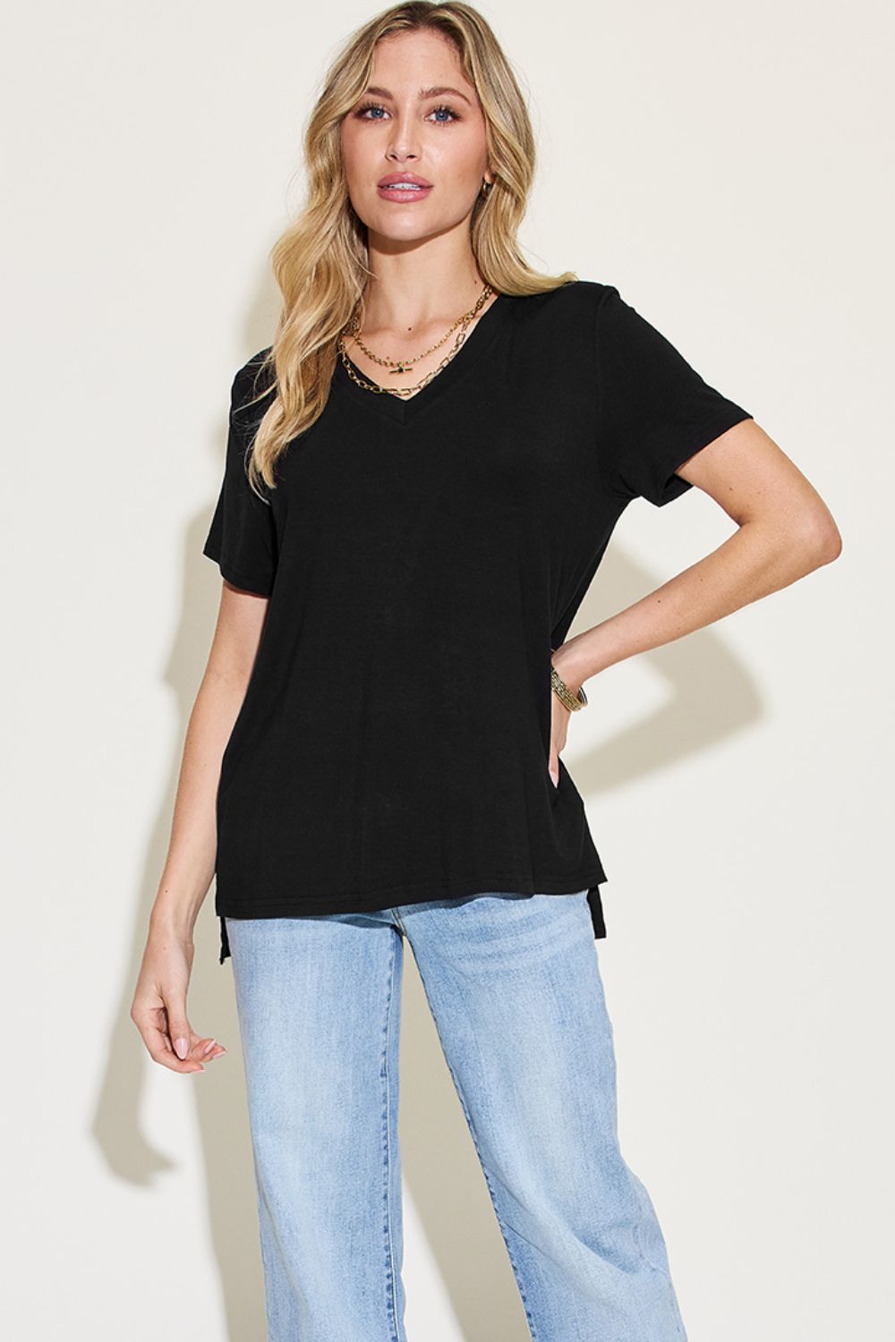 Basic Bae Full Size V-Neck High-Low T-Shirt - Fragrance Spice