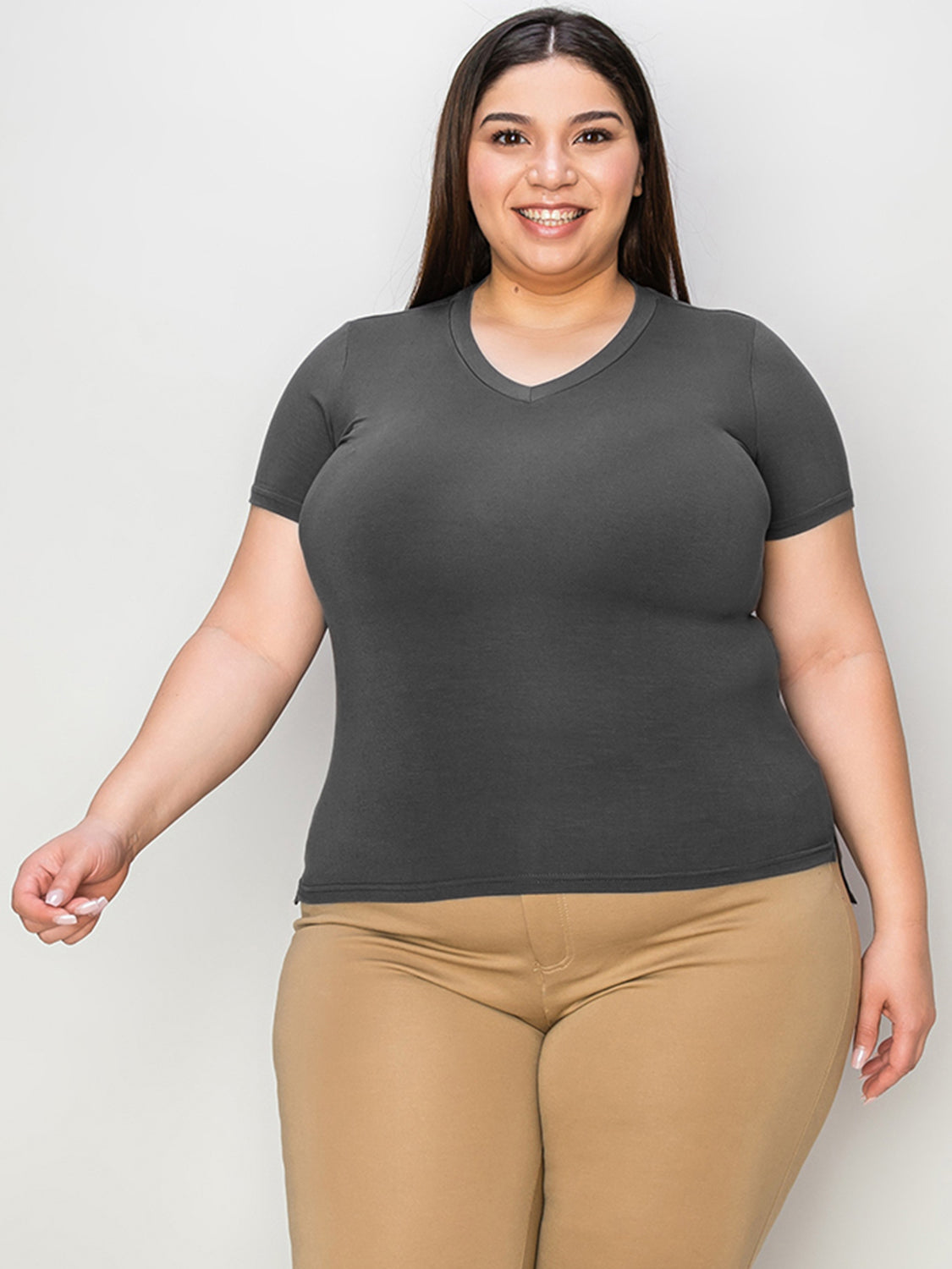 Basic Bae Full Size V-Neck High-Low T-Shirt - Fragrance Spice
