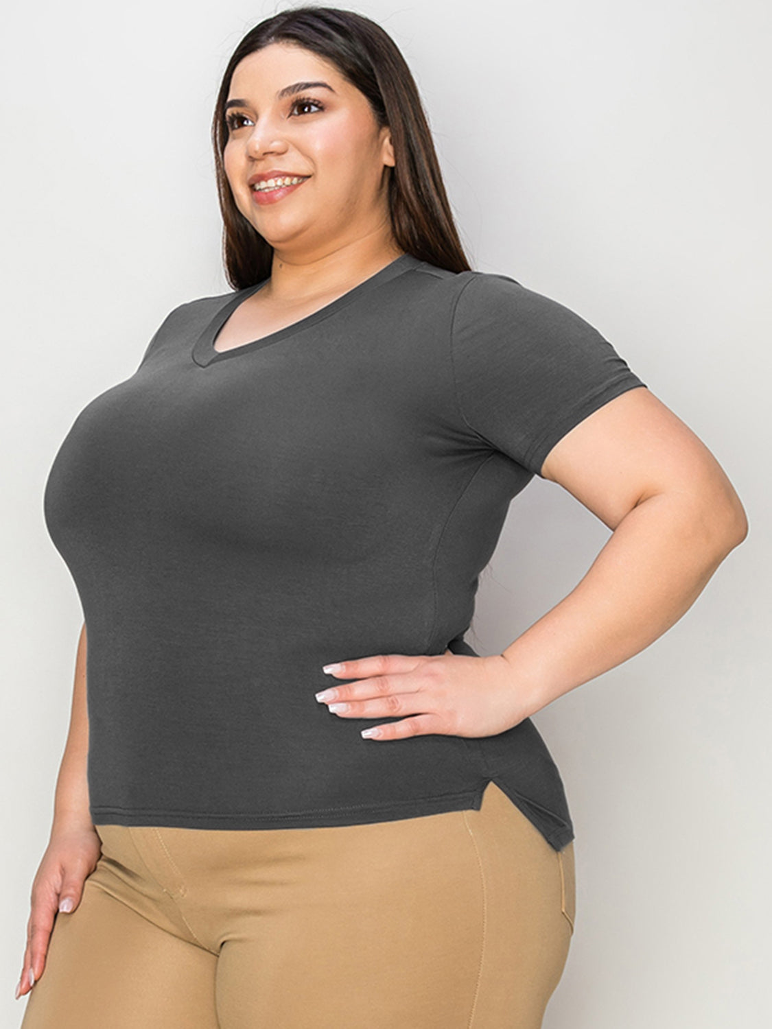 Basic Bae Full Size V-Neck High-Low T-Shirt - Fragrance Spice