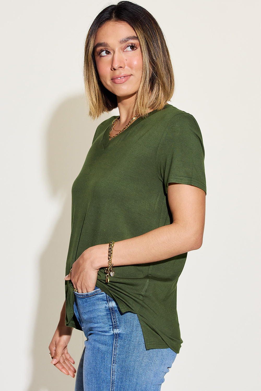 Basic Bae Full Size V-Neck High-Low T-Shirt - Fragrance Spice