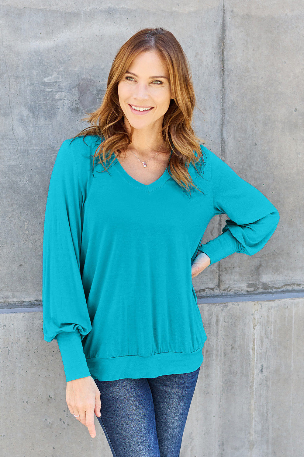 Basic Bae Full Size V-Neck Lantern Sleeve Top - Fragrance Spice