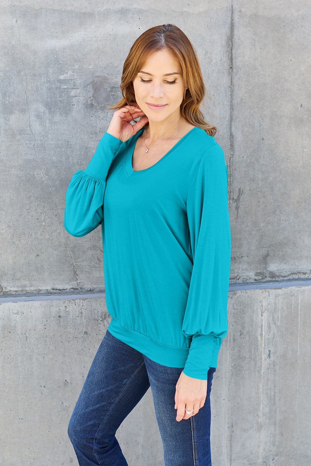 Basic Bae Full Size V-Neck Lantern Sleeve Top - Fragrance Spice