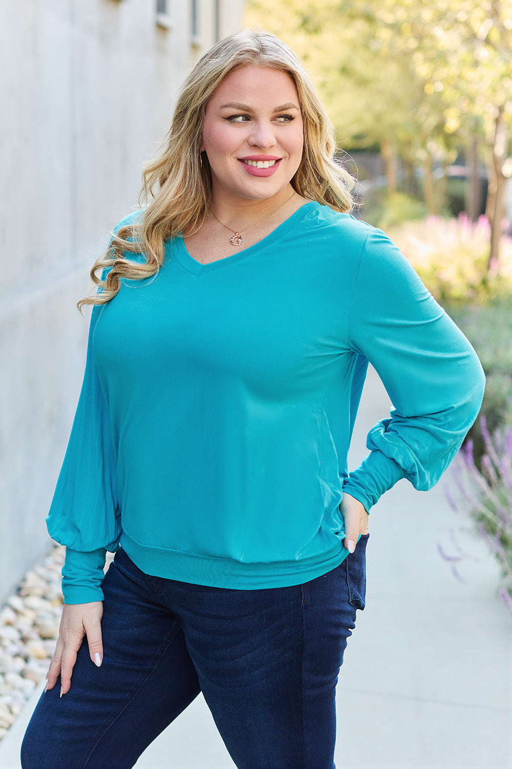 Basic Bae Full Size V-Neck Lantern Sleeve Top - Fragrance Spice