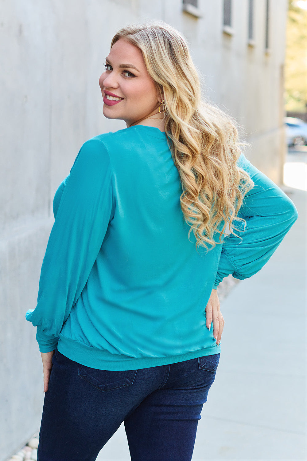 Basic Bae Full Size V-Neck Lantern Sleeve Top - Fragrance Spice