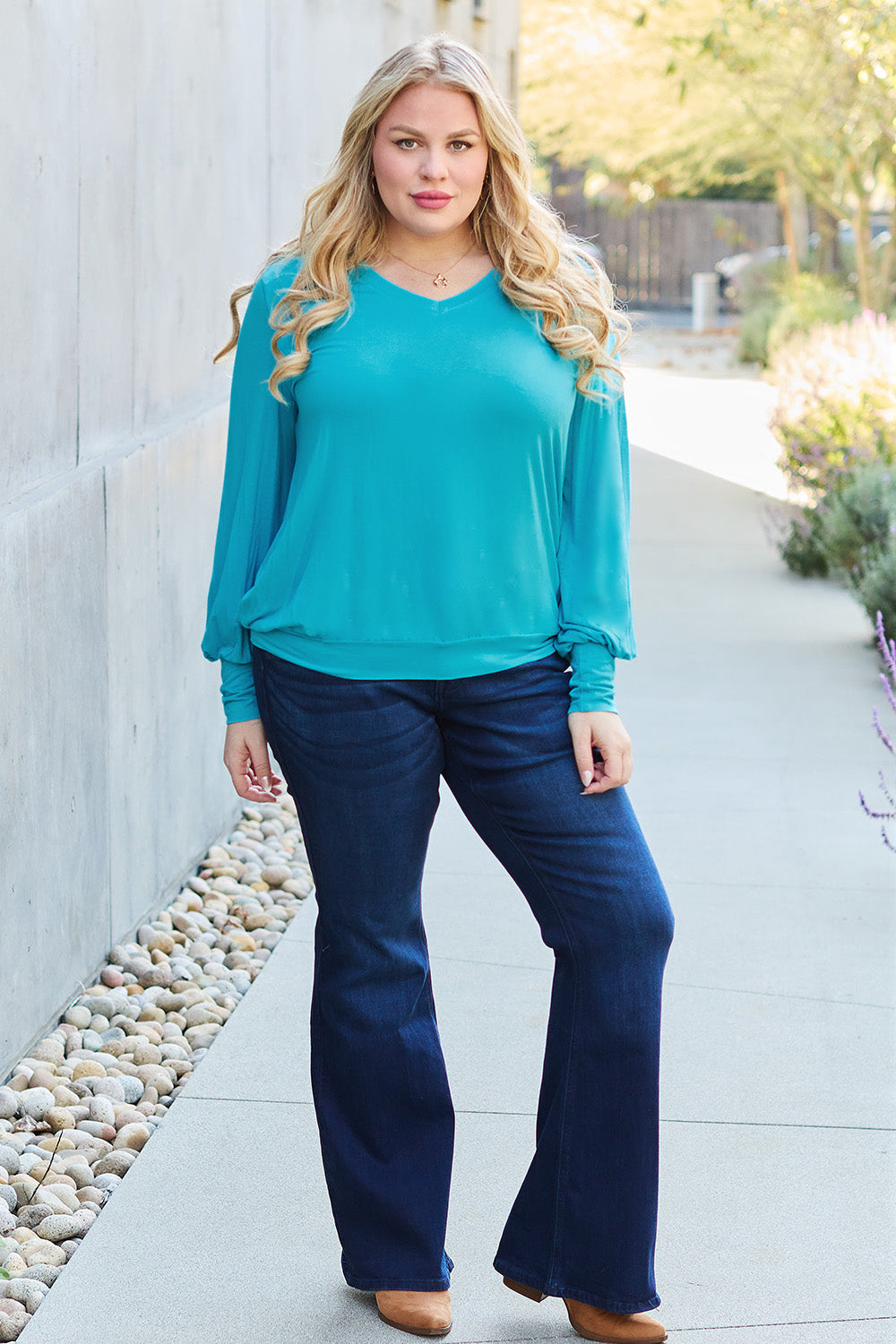 Basic Bae Full Size V-Neck Lantern Sleeve Top - Fragrance Spice