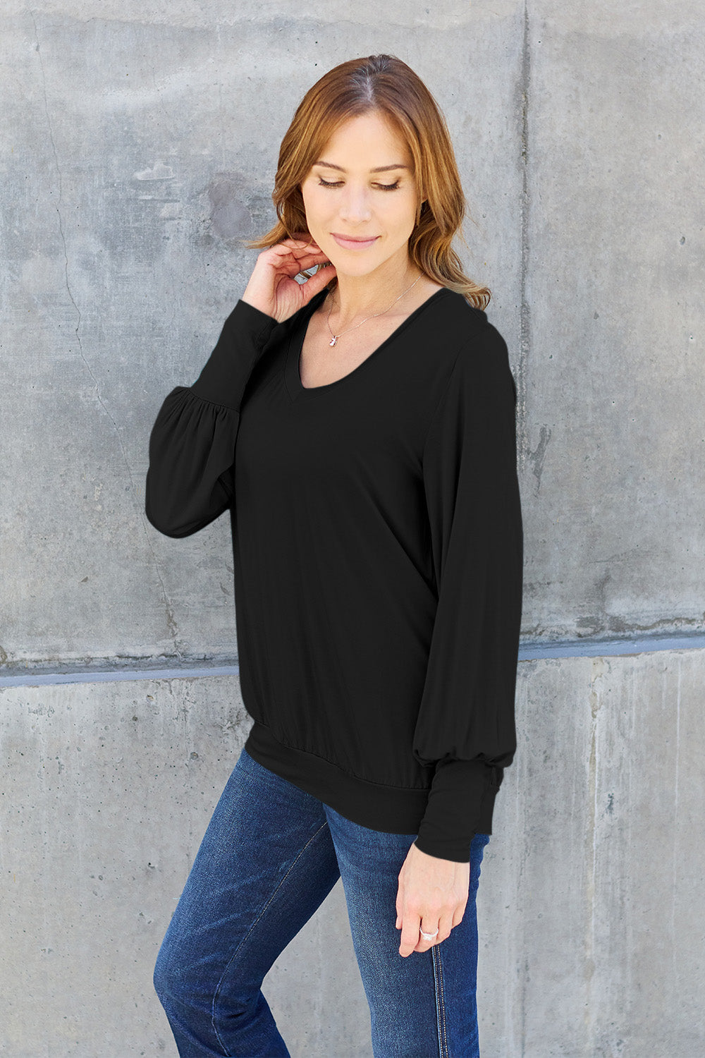 Basic Bae Full Size V-Neck Lantern Sleeve Top - Fragrance Spice