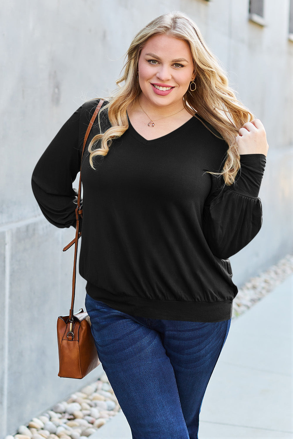 Basic Bae Full Size V-Neck Lantern Sleeve Top - Fragrance Spice