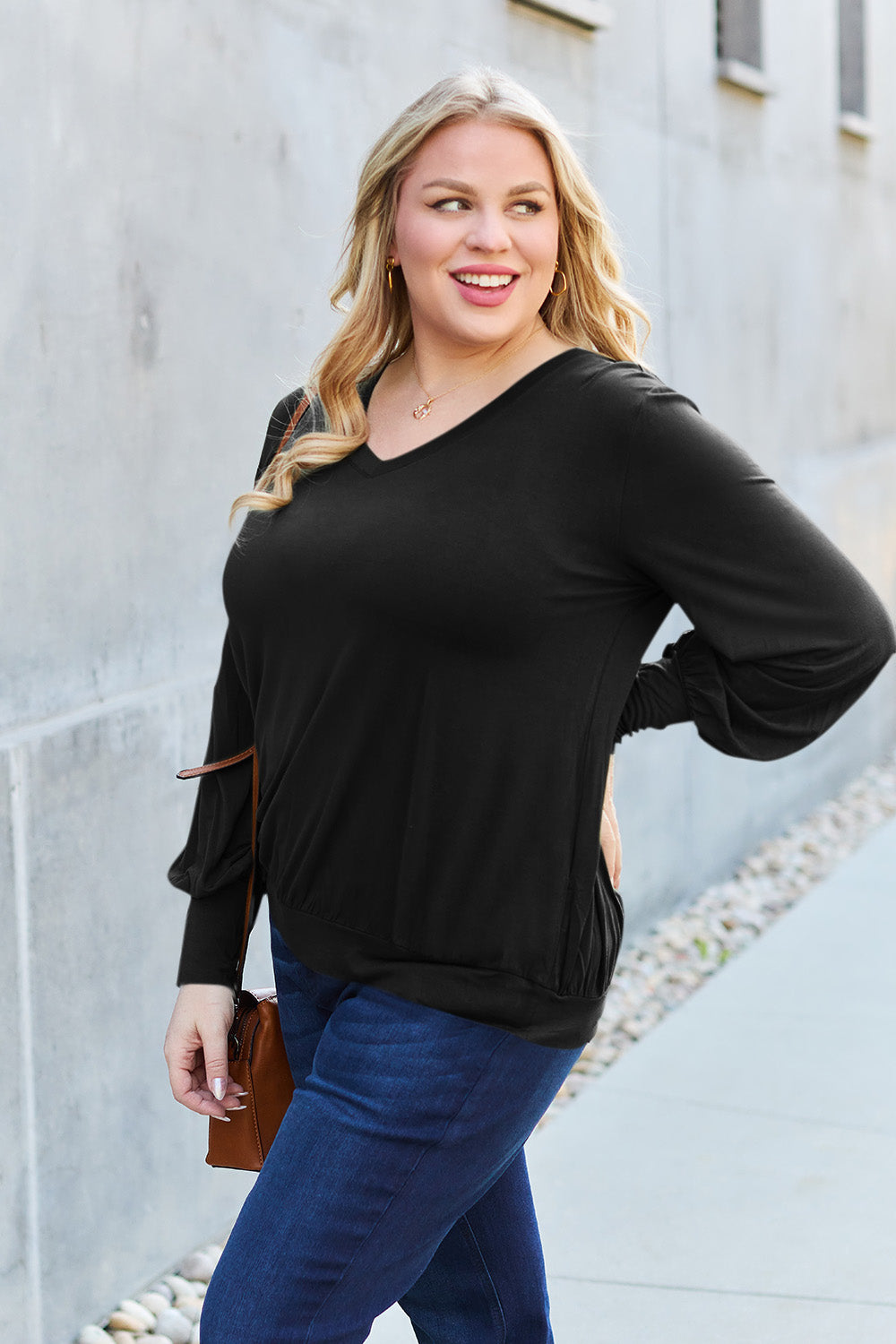 Basic Bae Full Size V-Neck Lantern Sleeve Top - Fragrance Spice