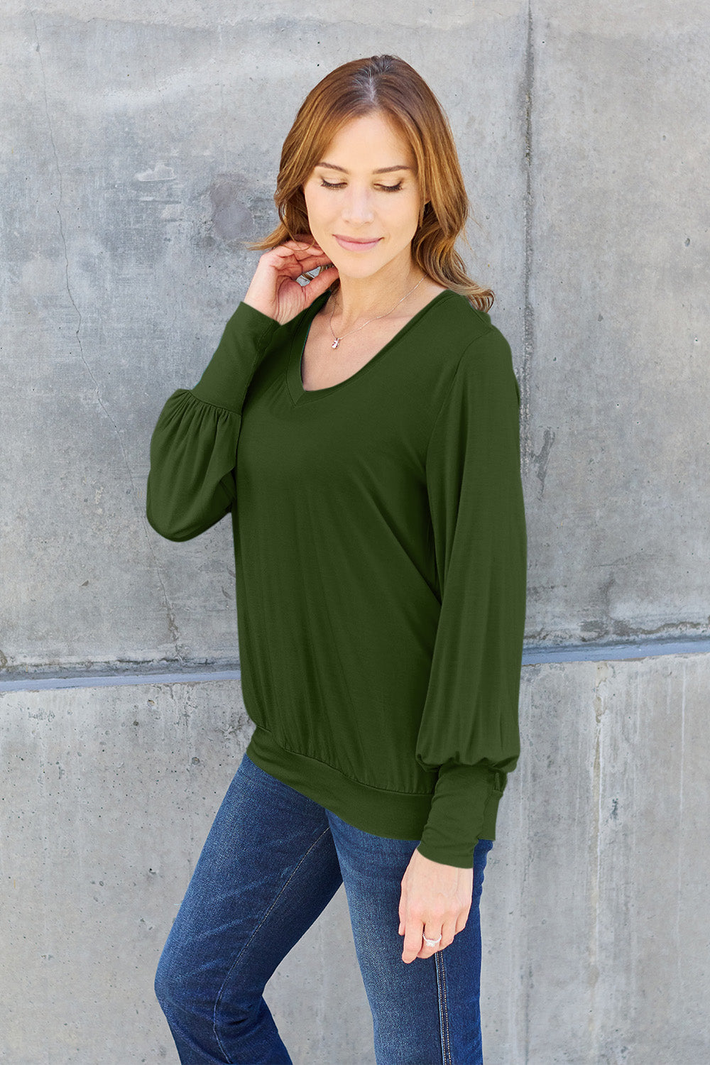 Basic Bae Full Size V-Neck Lantern Sleeve Top - Fragrance Spice