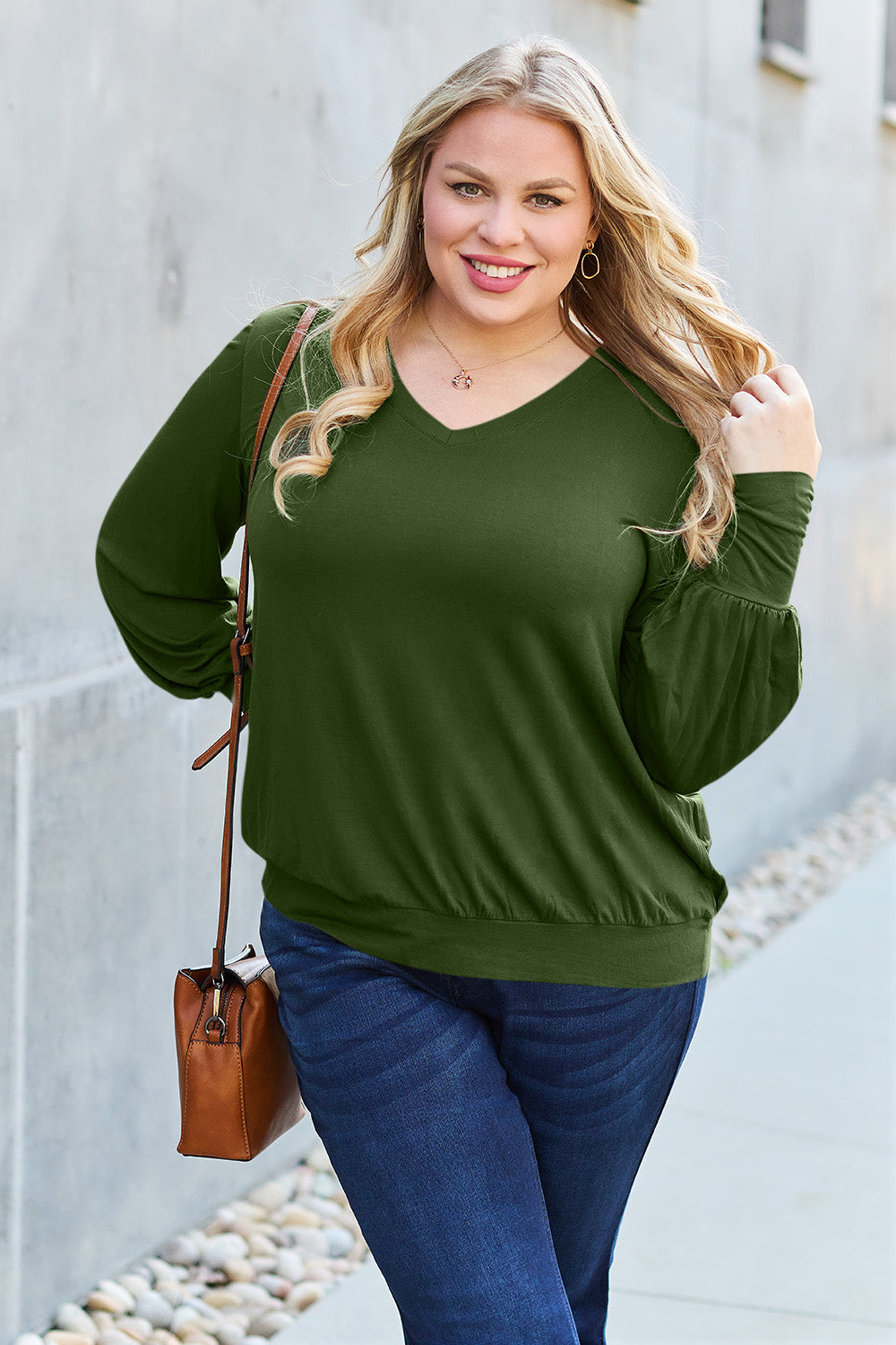 Basic Bae Full Size V-Neck Lantern Sleeve Top - Fragrance Spice