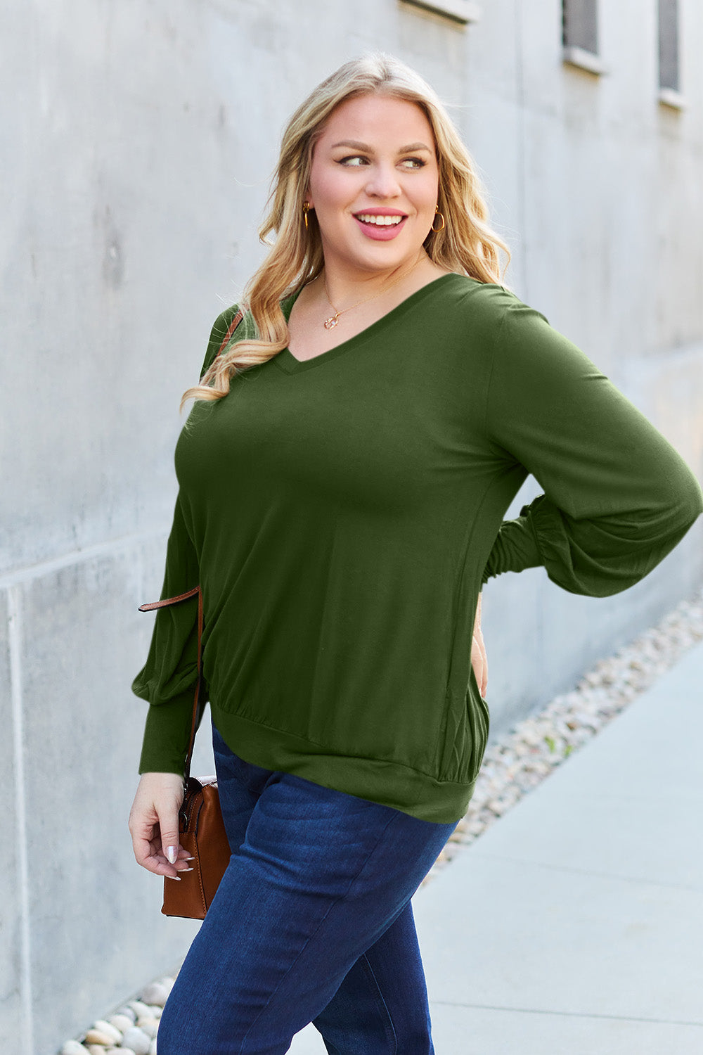 Basic Bae Full Size V-Neck Lantern Sleeve Top - Fragrance Spice