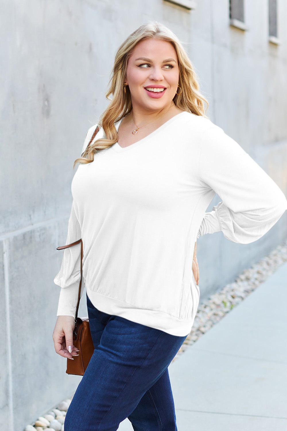 Basic Bae Full Size V-Neck Lantern Sleeve Top - Fragrance Spice