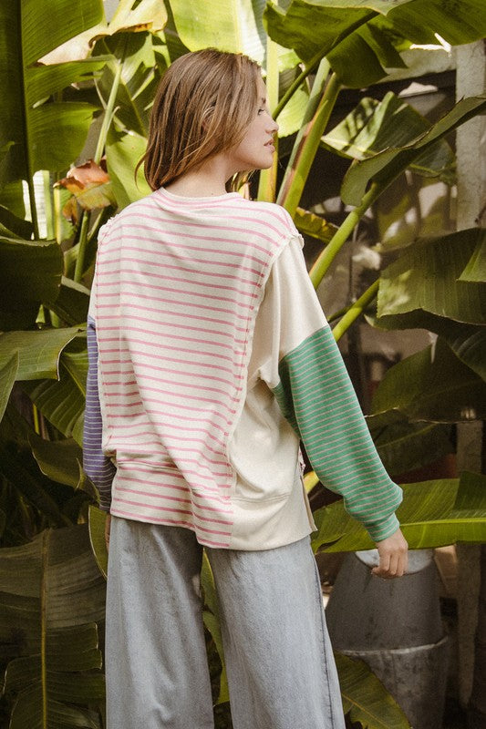 BiBi Exposed Seam Slit Striped Round Neck T-Shirt - Fragrance Spice