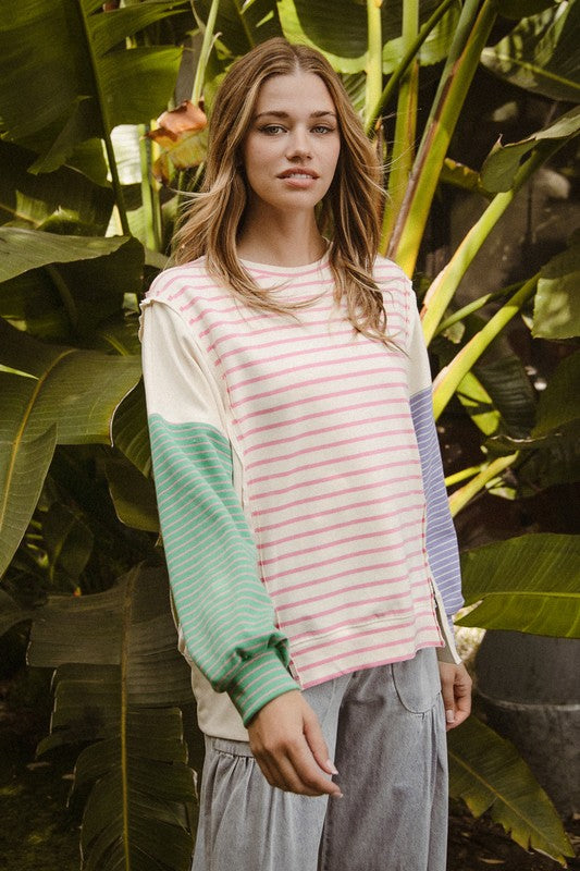 BiBi Exposed Seam Slit Striped Round Neck T-Shirt - Fragrance Spice