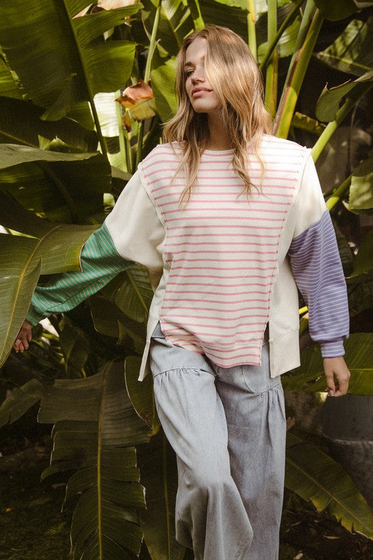 BiBi Exposed Seam Slit Striped Round Neck T-Shirt - Fragrance Spice