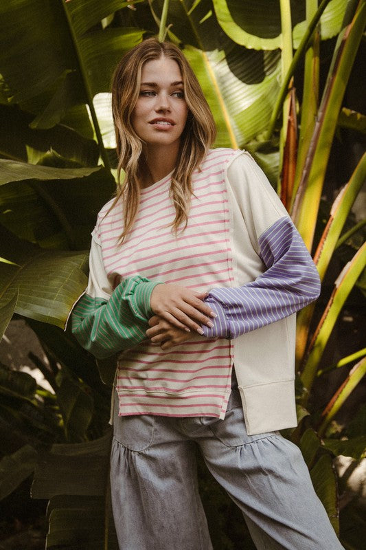 BiBi Exposed Seam Slit Striped Round Neck T-Shirt - Fragrance Spice