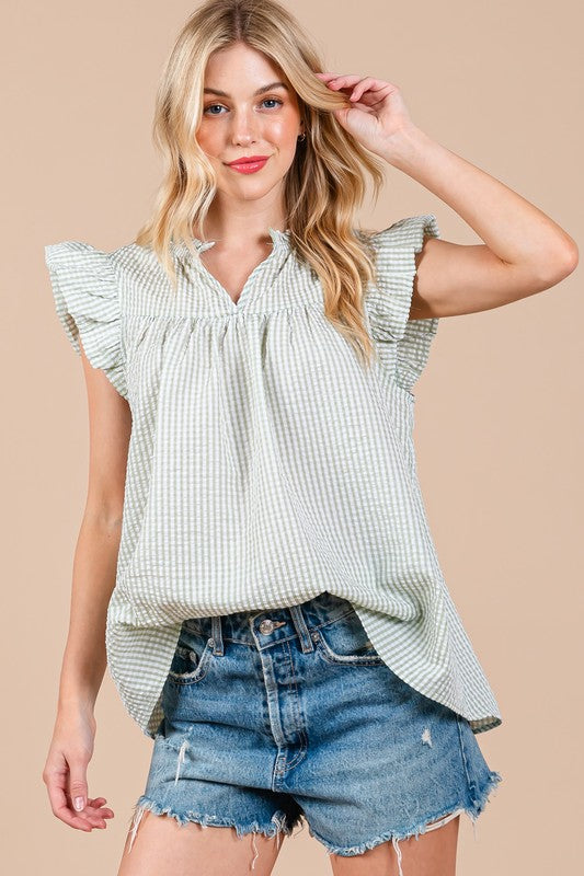 Ces Femme Plaid Notched Ruffled Cap Sleeve Blouse - Fragrance Spice