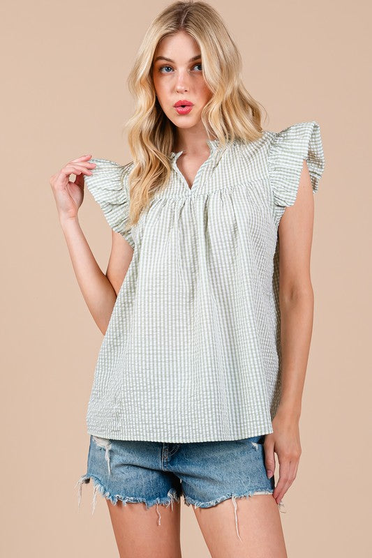 Ces Femme Plaid Notched Ruffled Cap Sleeve Blouse - Fragrance Spice