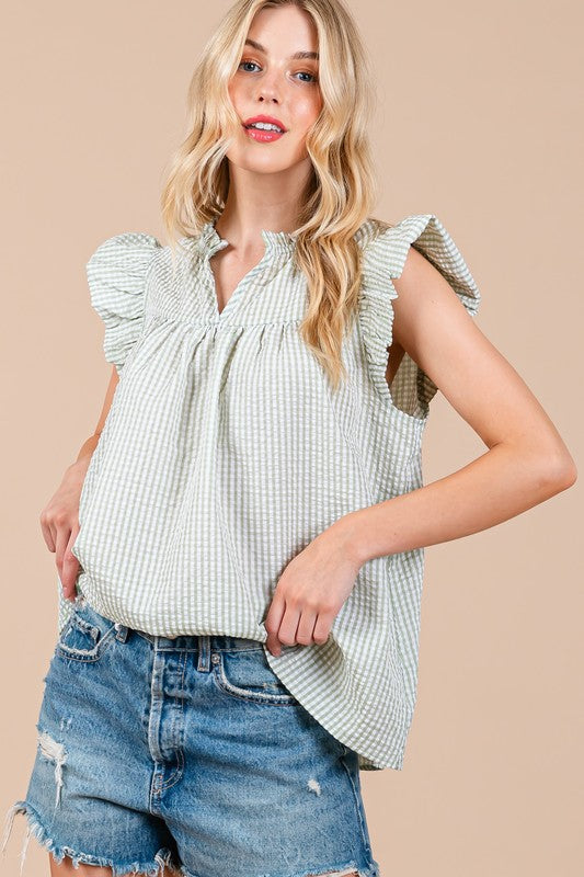 Ces Femme Plaid Notched Ruffled Cap Sleeve Blouse - Fragrance Spice
