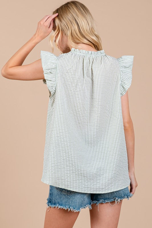 Ces Femme Plaid Notched Ruffled Cap Sleeve Blouse - Fragrance Spice
