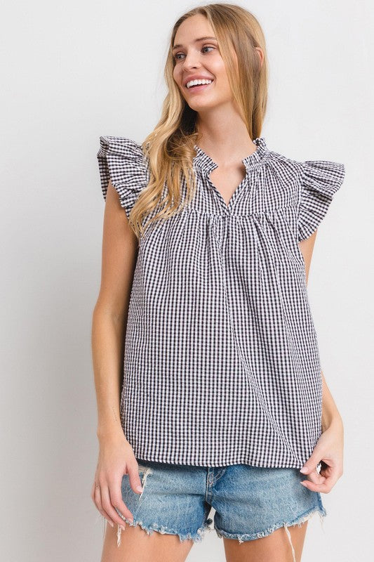 Ces Femme Plaid Notched Ruffled Cap Sleeve Blouse - Fragrance Spice