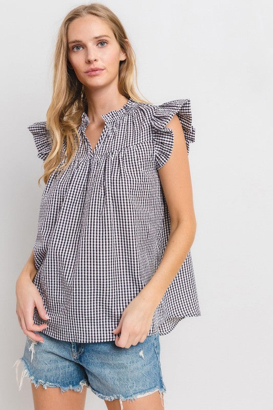 Ces Femme Plaid Notched Ruffled Cap Sleeve Blouse - Fragrance Spice