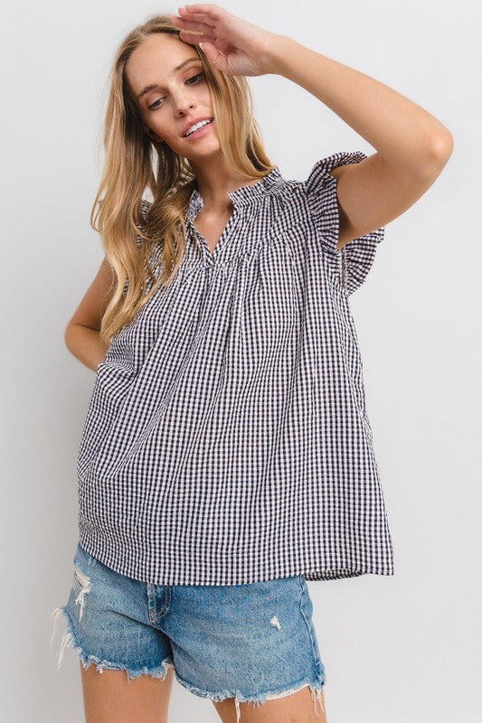 Ces Femme Plaid Notched Ruffled Cap Sleeve Blouse - Fragrance Spice