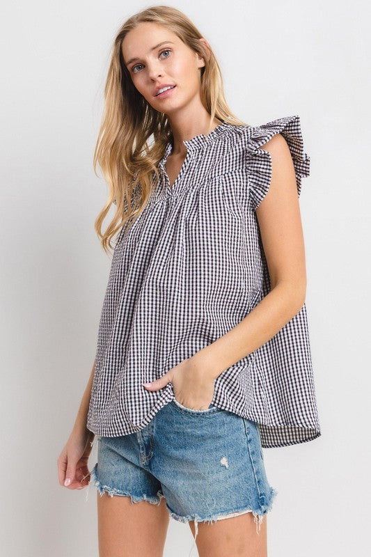 Ces Femme Plaid Notched Ruffled Cap Sleeve Blouse - Fragrance Spice