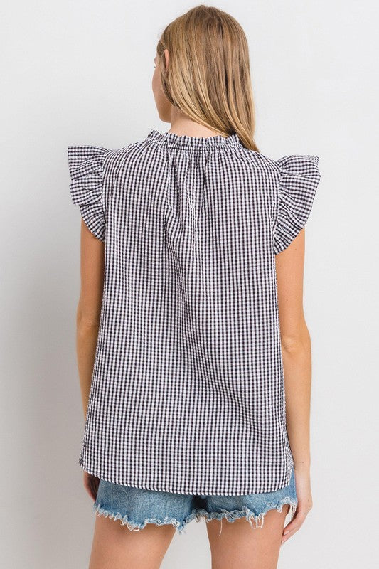 Ces Femme Plaid Notched Ruffled Cap Sleeve Blouse - Fragrance Spice