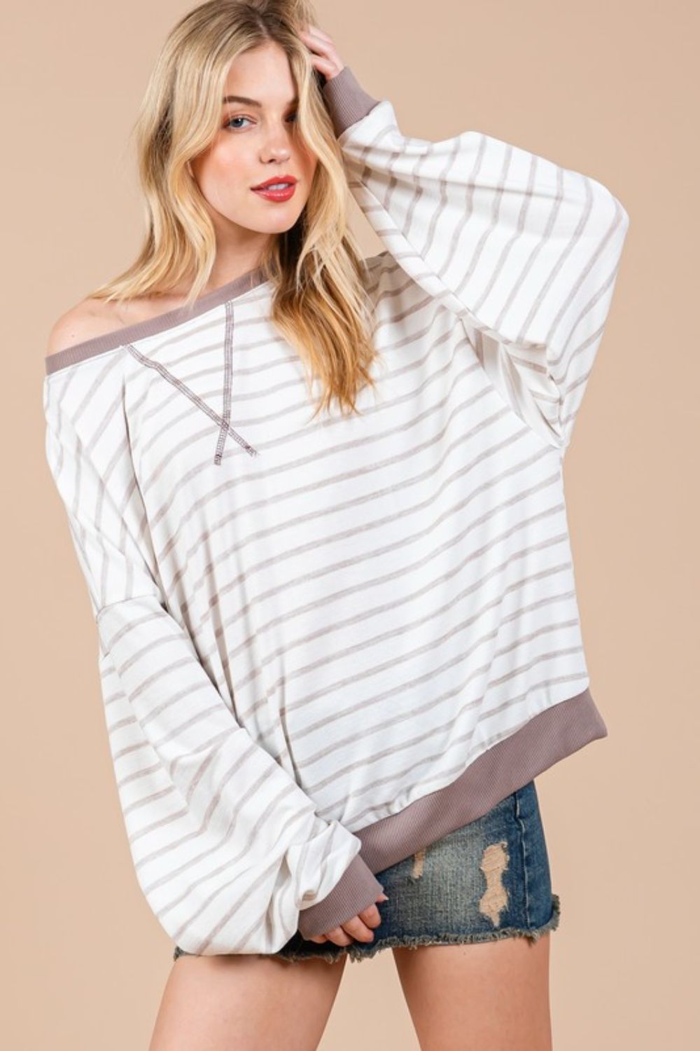 Ces Femme Striped Round Neck Drop Shoulder Sweatshirt - Fragrance Spice