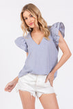 Ces Femme Striped V-Neck Ruffled Cap Sleeve Blouse - Fragrance Spice