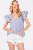 Ces Femme Striped V-Neck Ruffled Cap Sleeve Blouse - Fragrance Spice