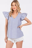 Ces Femme Striped V-Neck Ruffled Cap Sleeve Blouse - Fragrance Spice