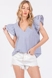 Ces Femme Striped V-Neck Ruffled Cap Sleeve Blouse - Fragrance Spice