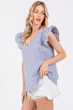 Ces Femme Striped V-Neck Ruffled Cap Sleeve Blouse - Fragrance Spice