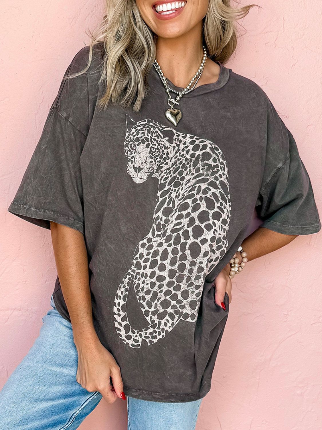 Cheetah Mineral Wash Round Neck Half Sleeve T-Shirt - Fragrance Spice