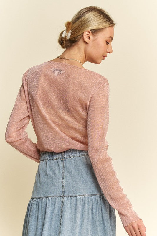 Davi & Dani Glitter Mesh Lettuce Hem Long Sleeve Top - Fragrance Spice