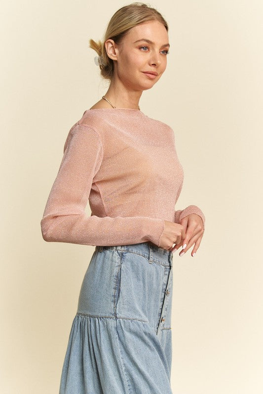 Davi & Dani Glitter Mesh Lettuce Hem Long Sleeve Top - Fragrance Spice