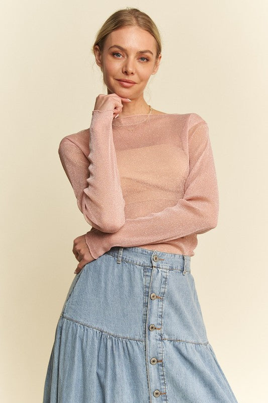 Davi & Dani Glitter Mesh Lettuce Hem Long Sleeve Top - Fragrance Spice