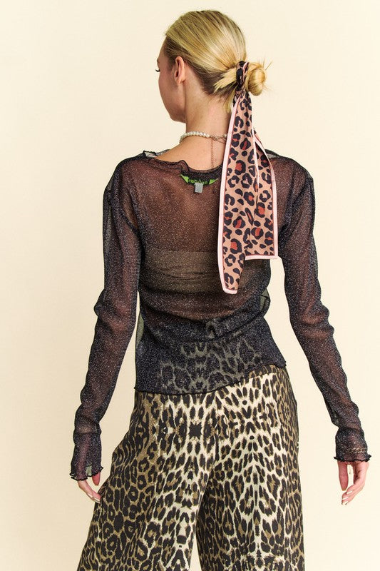Davi & Dani Glitter Mesh Lettuce Hem Long Sleeve Top - Fragrance Spice