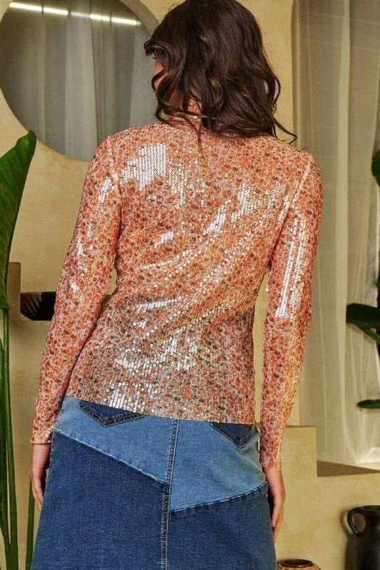 Davi & Dani Sequin Mock Neck Long Sleeve Mesh Top - Fragrance Spice