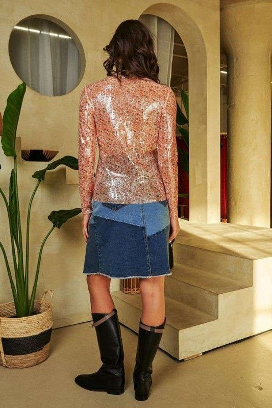 Davi & Dani Sequin Mock Neck Long Sleeve Mesh Top - Fragrance Spice